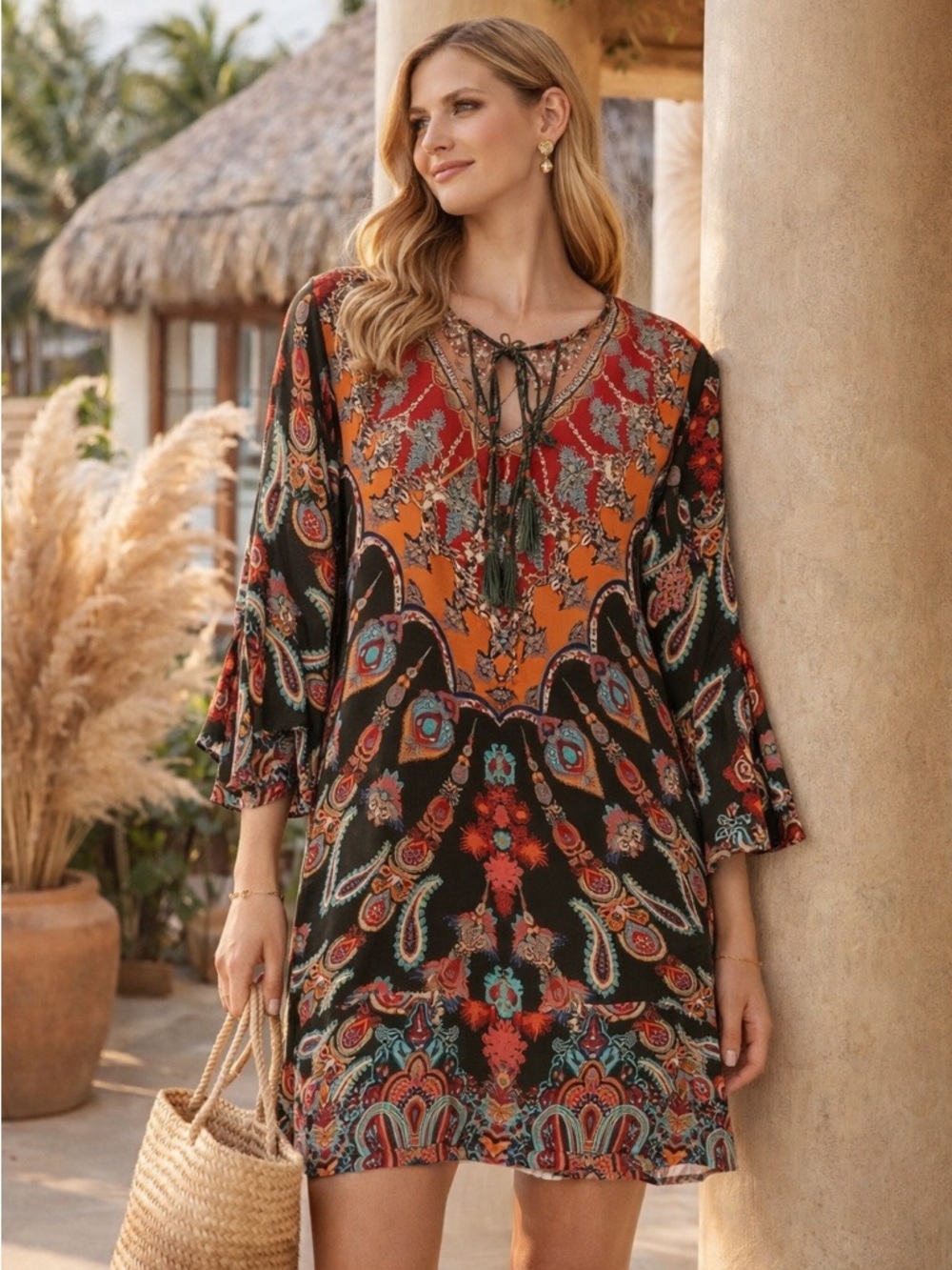 NWT Tolani Boho Printed Tunic Dress | Luxe Resort Paisley Silk